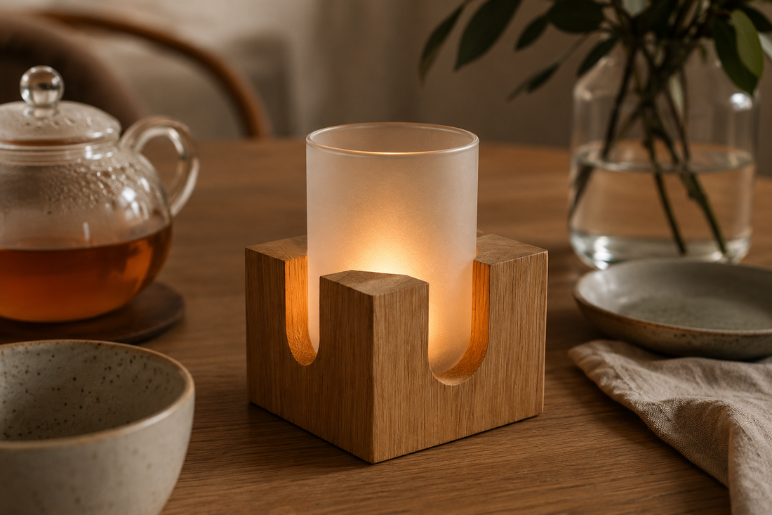Cubo Windlicht aus Eichenholz mit mattiertem Glas sorgt für warme Atmosphäre auf dem Tisch