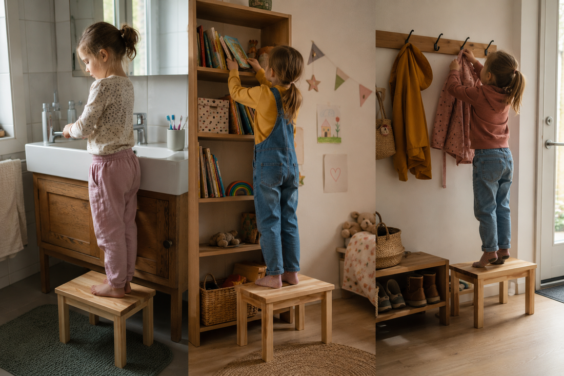 Kind nutzt einen kleinen Holzhocker im Bad, Kinderzimmer und Flur, um Waschbecken, Bücherregal und Garderobe selbst zu erreichen.