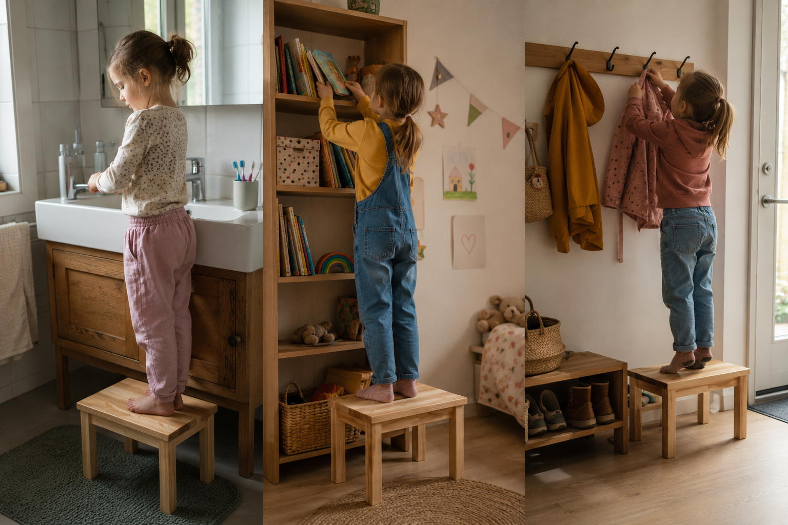 Kind nutzt einen kleinen Holzhocker im Bad, Kinderzimmer und Flur, um Waschbecken, Bücherregal und Garderobe selbst zu erreichen.