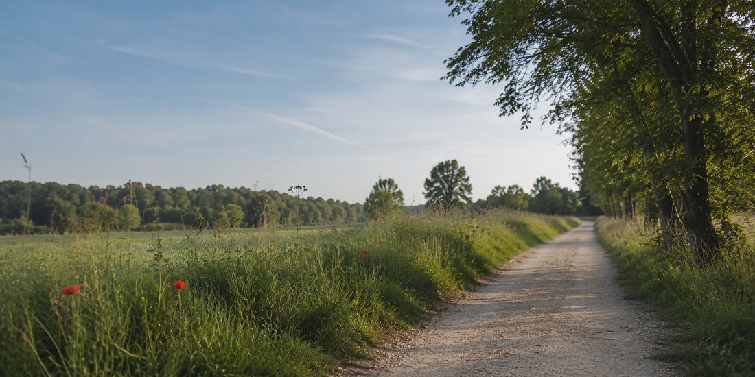 Sommerlicher Feldweg mit Wiesen, Bäumen und einzelnen Mohnblumen am Wegrand.