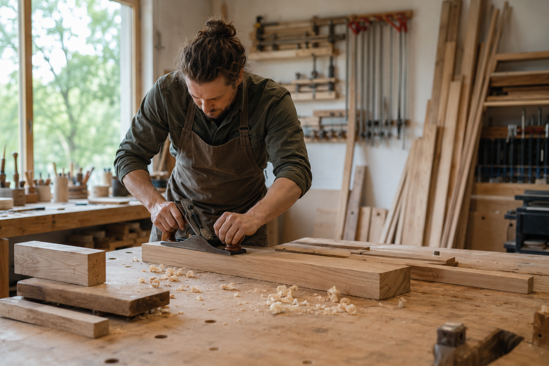 Schreiner bearbeitet in einer hellen Holzwerkstatt ein massives Holzbrett mit einem Handhobel. Im Hintergrund stehen Werkzeuge und verschiedene Holzleisten.