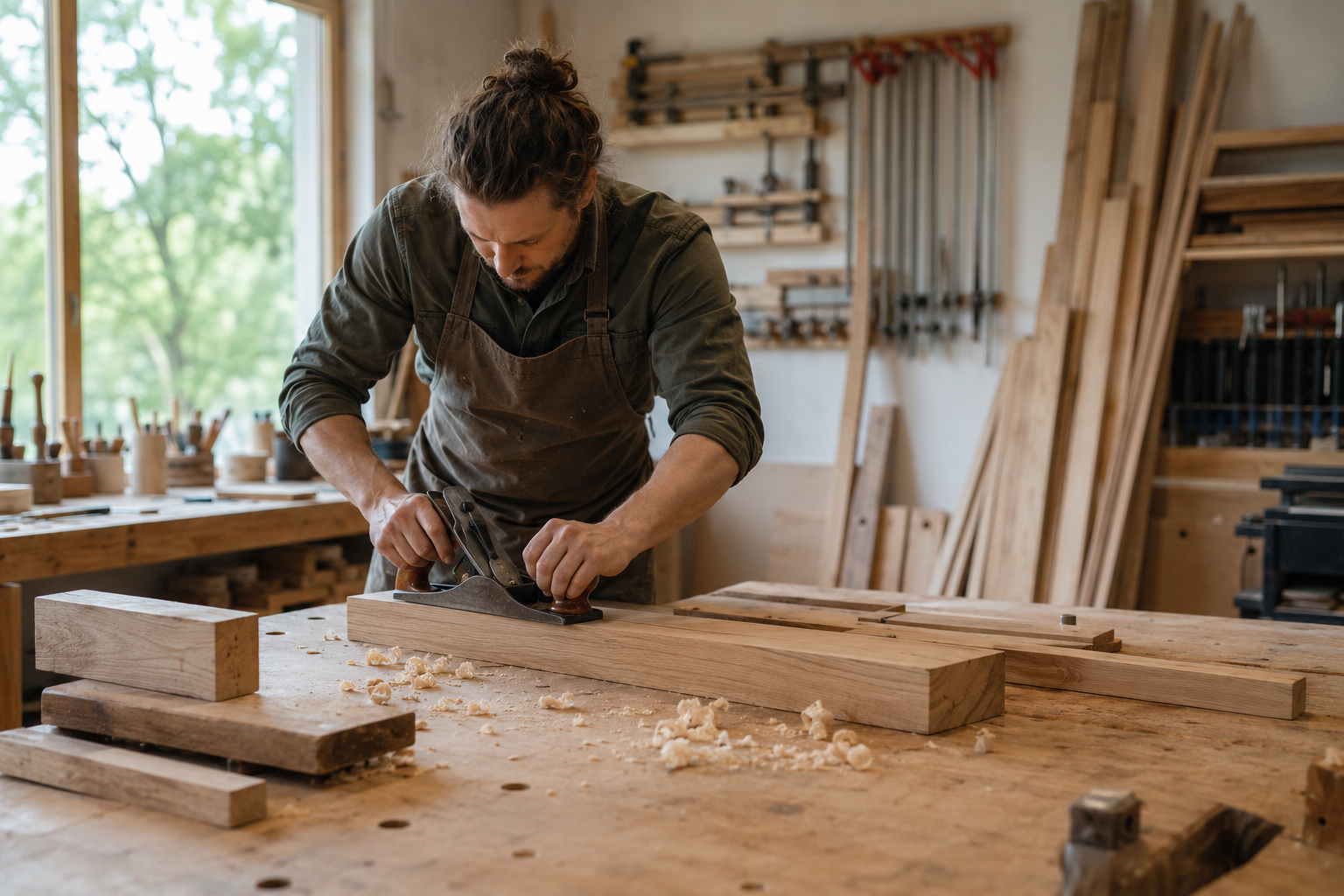 Schreiner bearbeitet in einer hellen Holzwerkstatt ein massives Holzbrett mit einem Handhobel. Im Hintergrund stehen Werkzeuge und verschiedene Holzleisten.