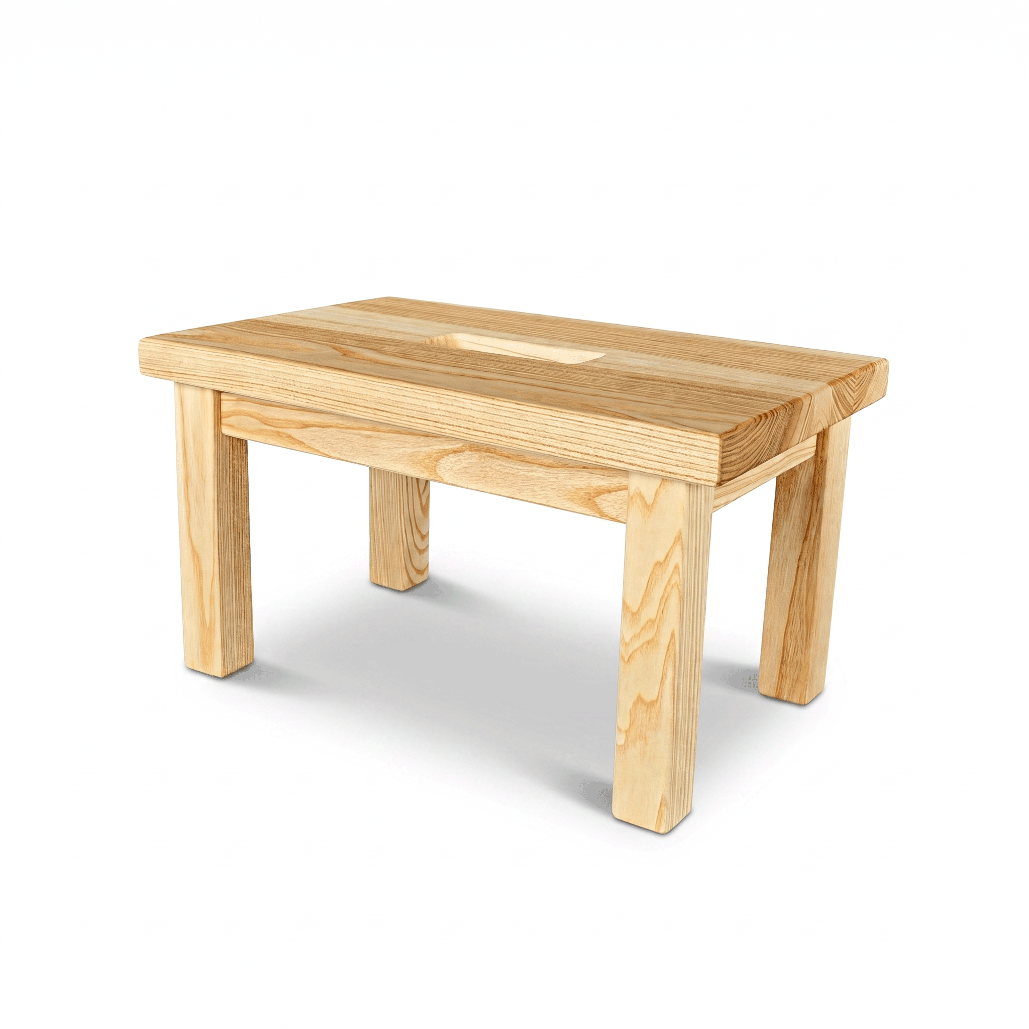 Holzhocker mit Griffloch aus geöltem Eschenholz als Fußbank oder Tritthocker