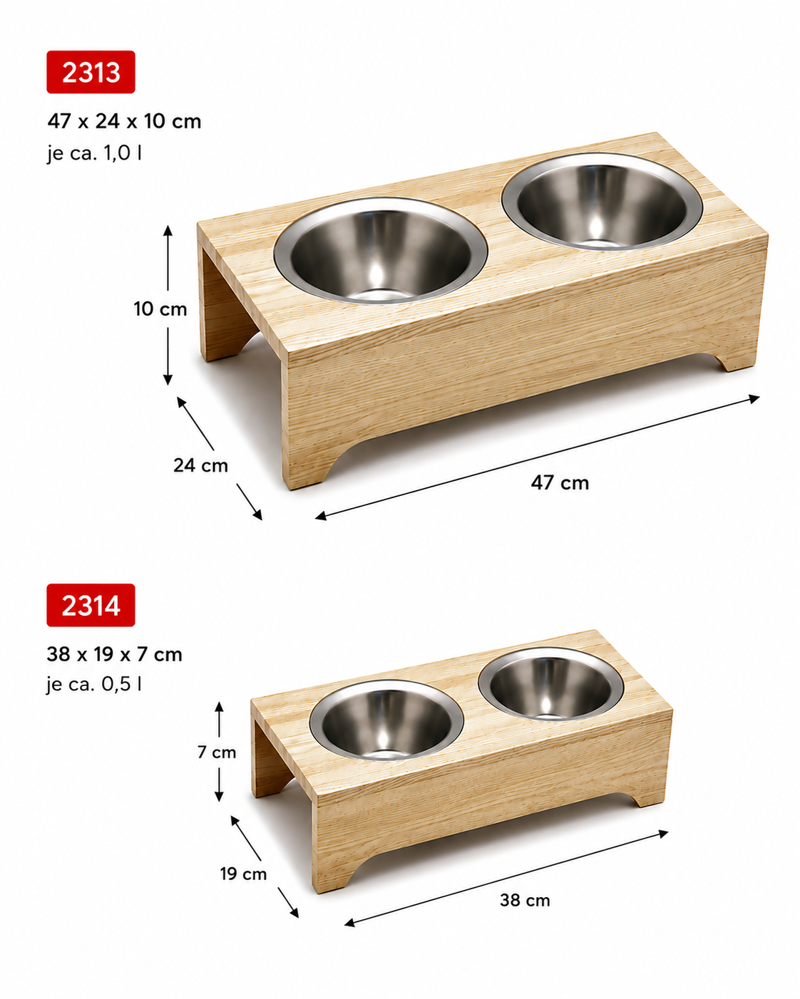 Futterstation „Spike & Tom“ aus Eschenholz mit 2 Edelstahl-Schalen für Katzen und kleinere Hunde