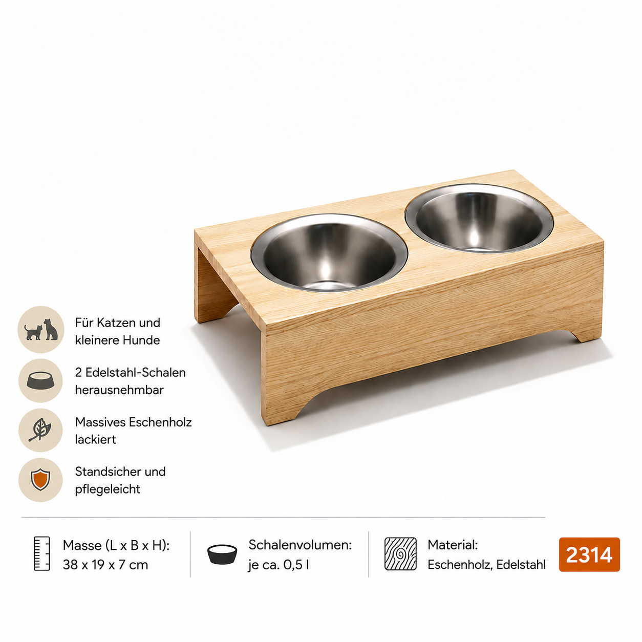 Futterstation „Spike & Tom“ aus Eschenholz mit 2 Edelstahl-Schalen für Katzen und kleinere Hunde