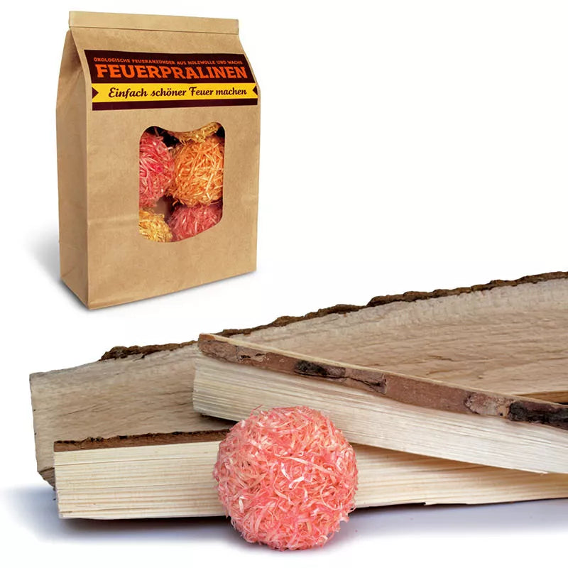 6 „Feuerpralinen“ aus Holzwolle und Wachs für Kamin, Ofen und Grill