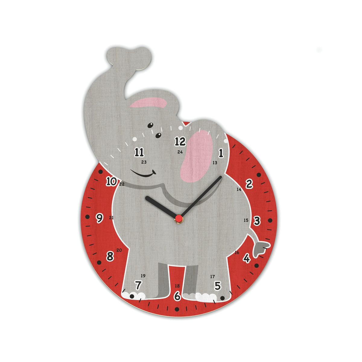Kinder-Wanduhr Elefant aus Holz mit Schweizer Quarzwerk Ø 30 cm für Kinder ab 2 Jahren