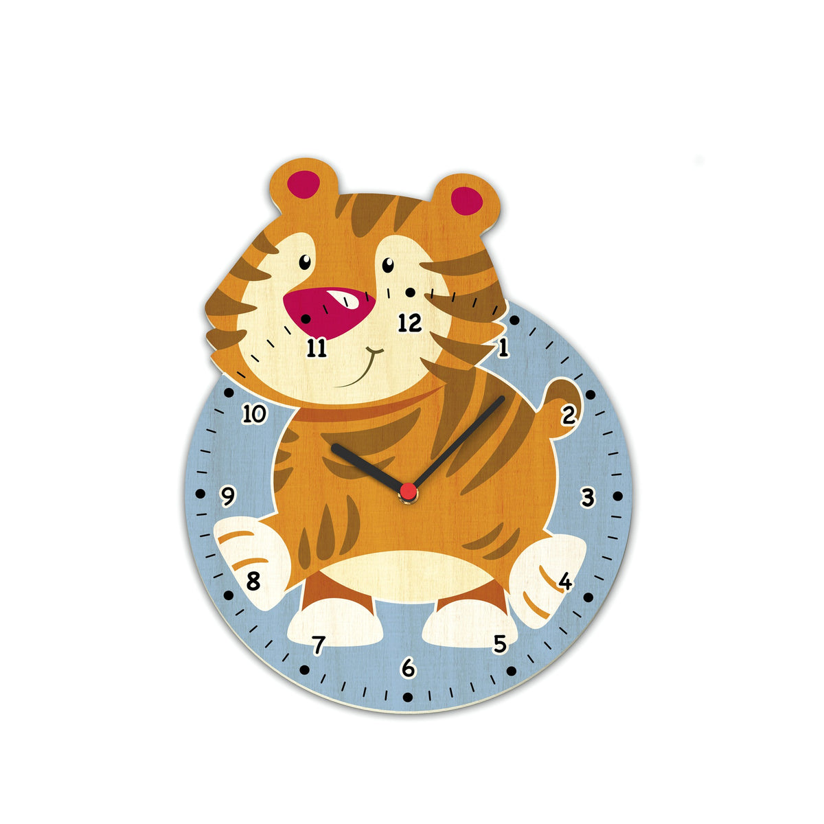 Kinder-Wanduhr Tiger aus Holz mit Schweizer Quarzwerk Ø 30 cm für Kinder ab 2 Jahren
