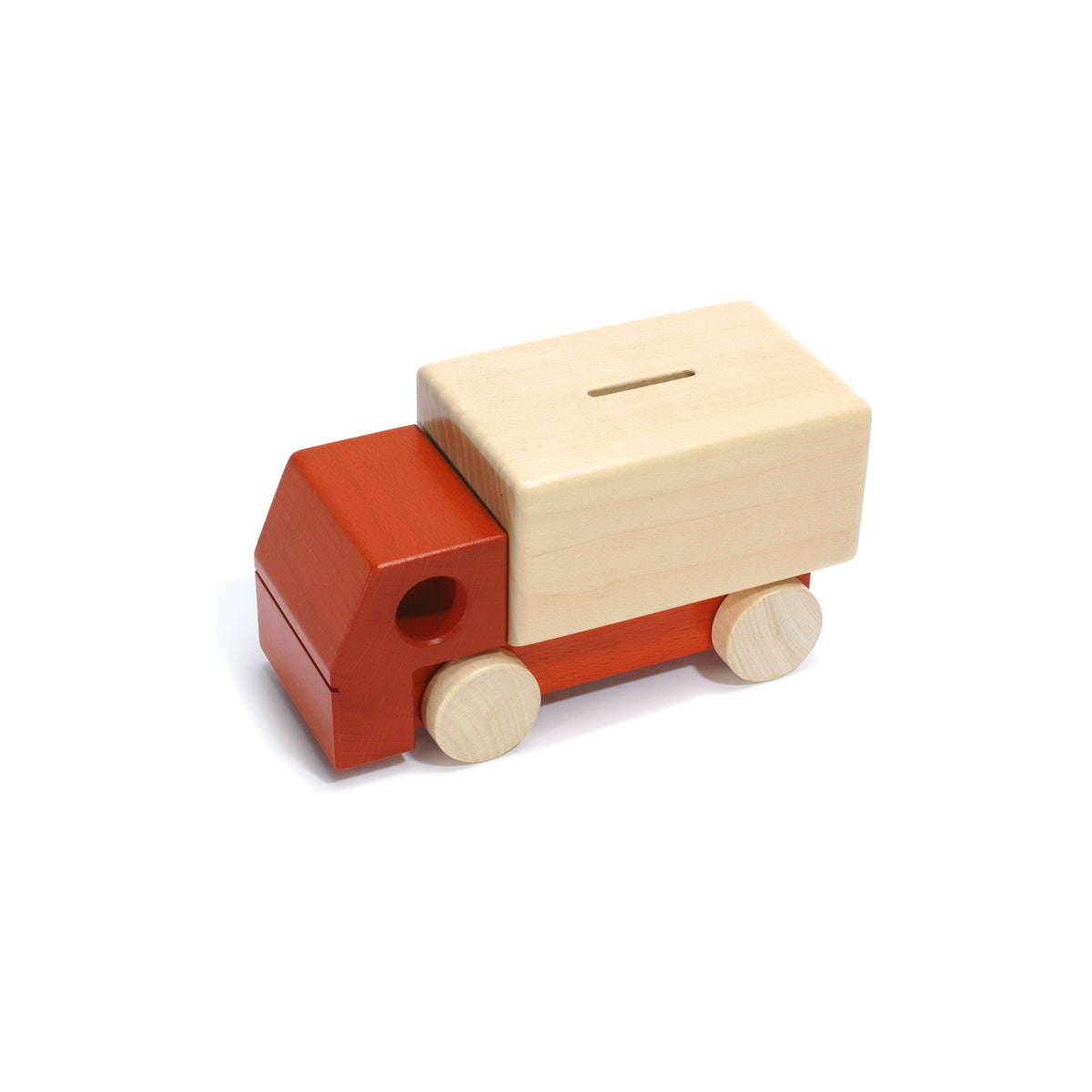 Holzspardose Lastwagen in Rot mit Schlüssel