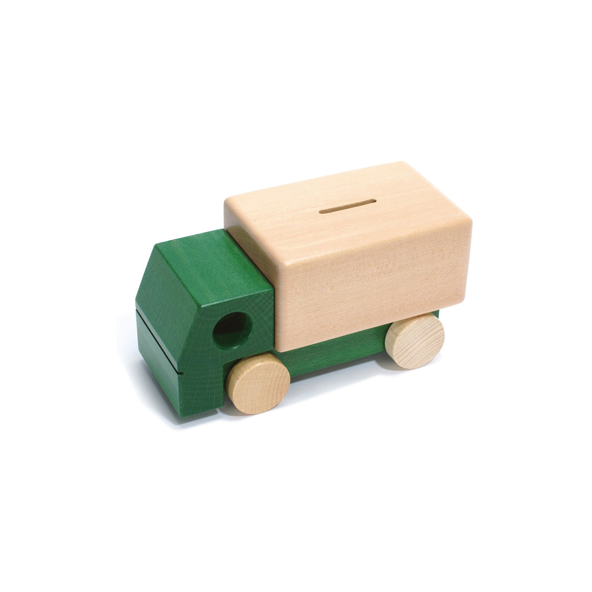 Holzspardose Lastwagen in Grün mit Schlüssel