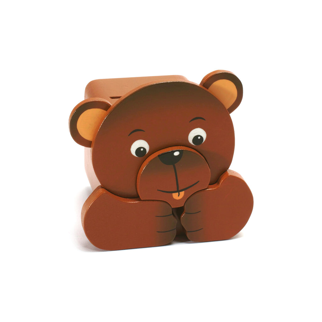 Holzspardose Bär mit 3D-Motiv und Schlüssel