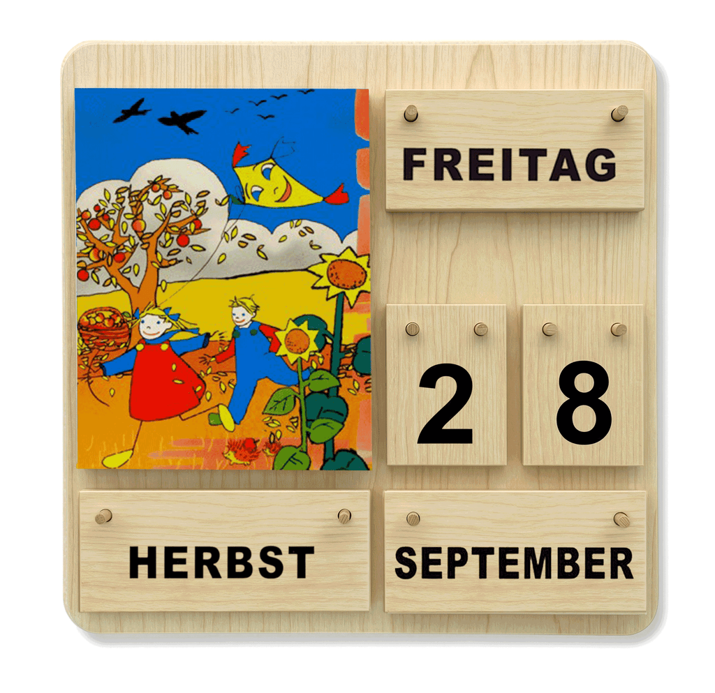 Kinder-Dauerkalender Karl und Kat aus Holz für Kindergarten und Grundschule