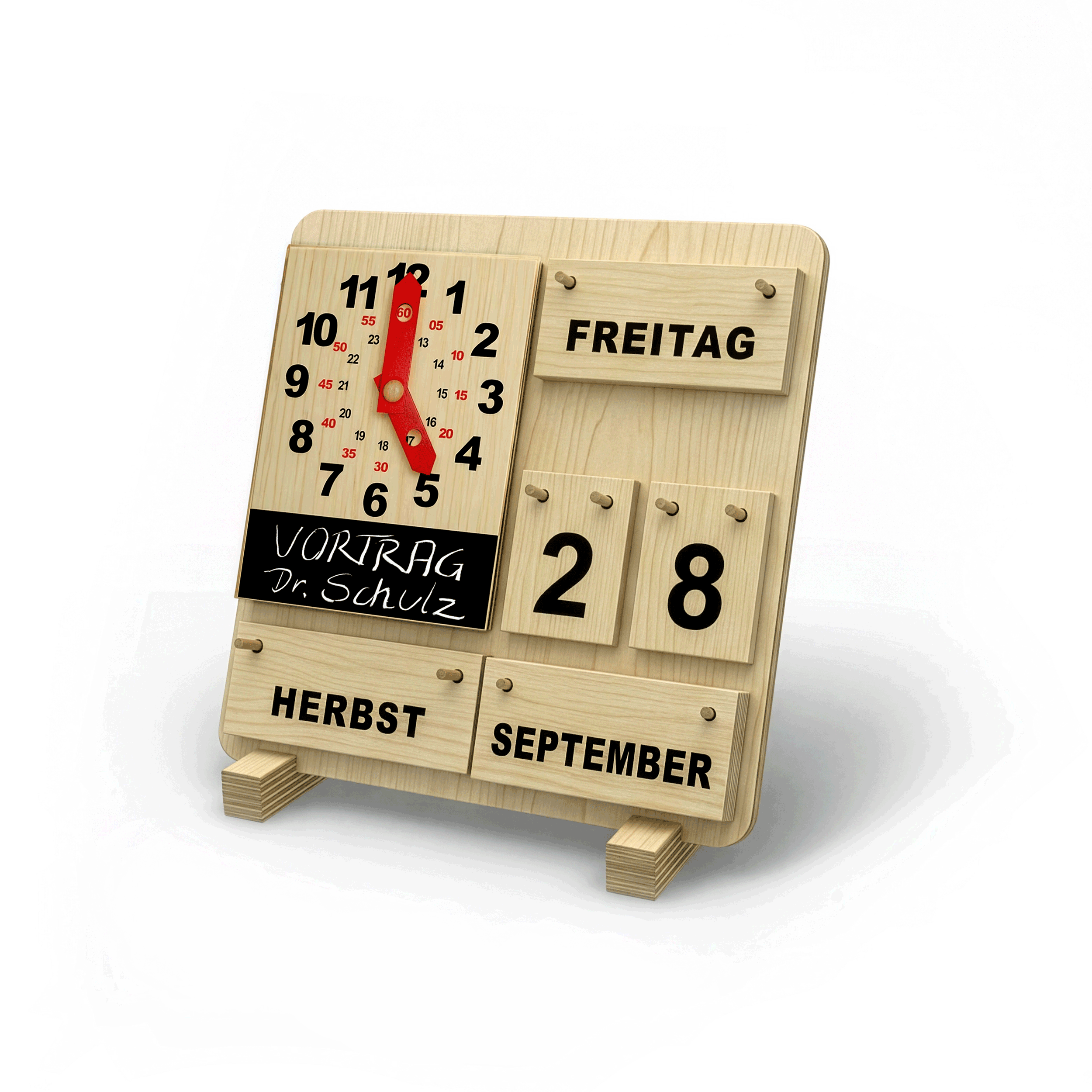 Holz-Dauerkalender mit Uhr und Schreibtafel für Termine und Tagesabläufe
