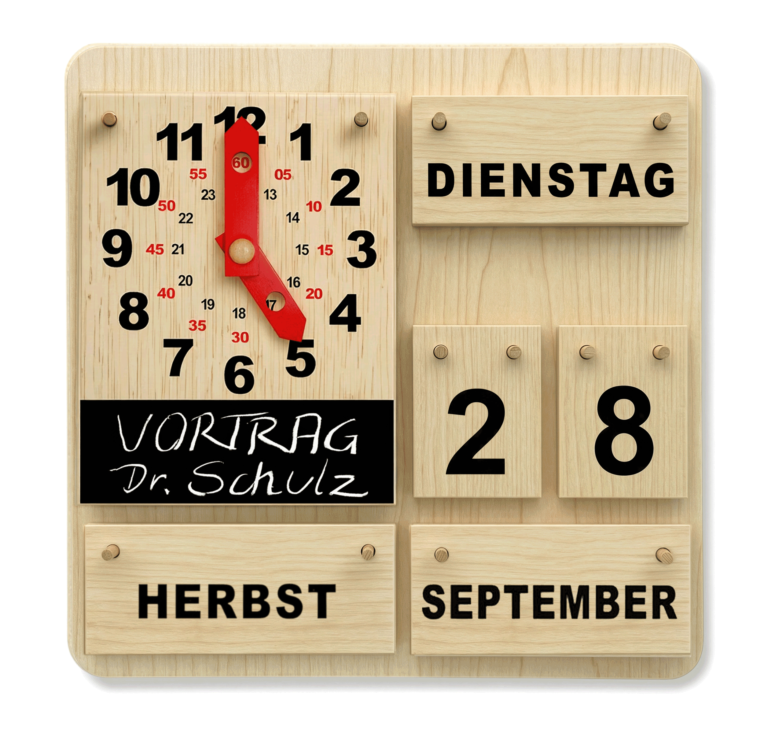 Holz-Dauerkalender mit Uhr und Schreibtafel für Termine und Tagesabläufe