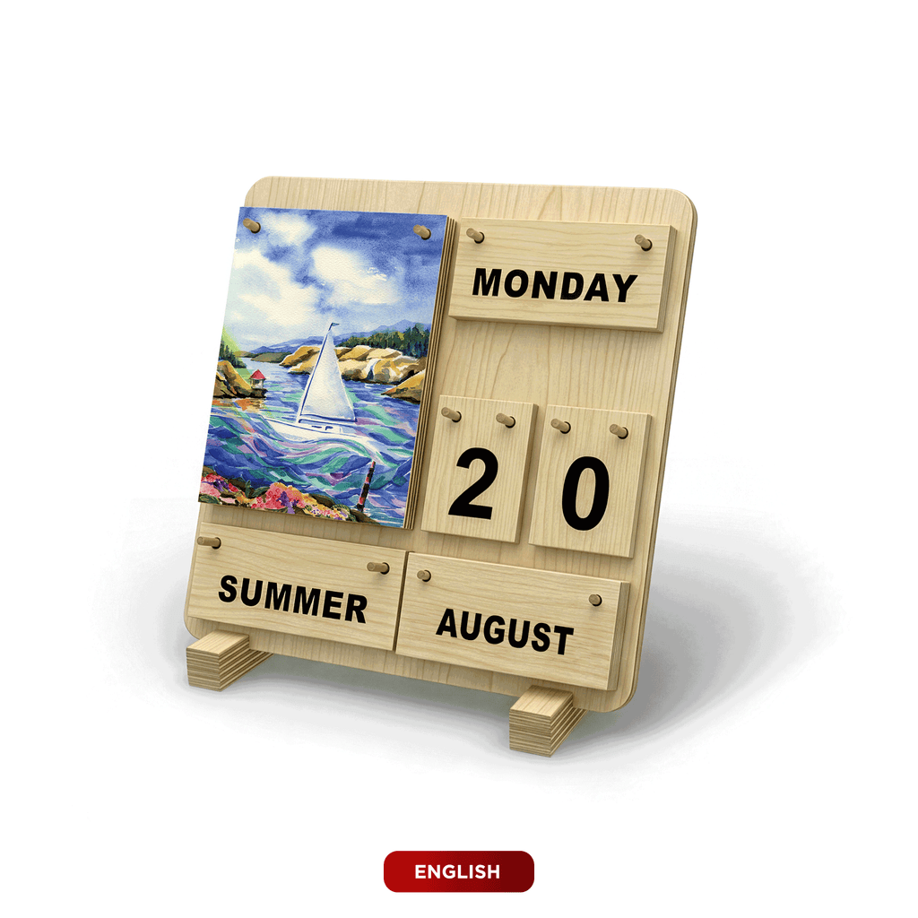 Englischer Four-Seasons-Dauerkalender aus Holz mit Jahreszeitenmotiven