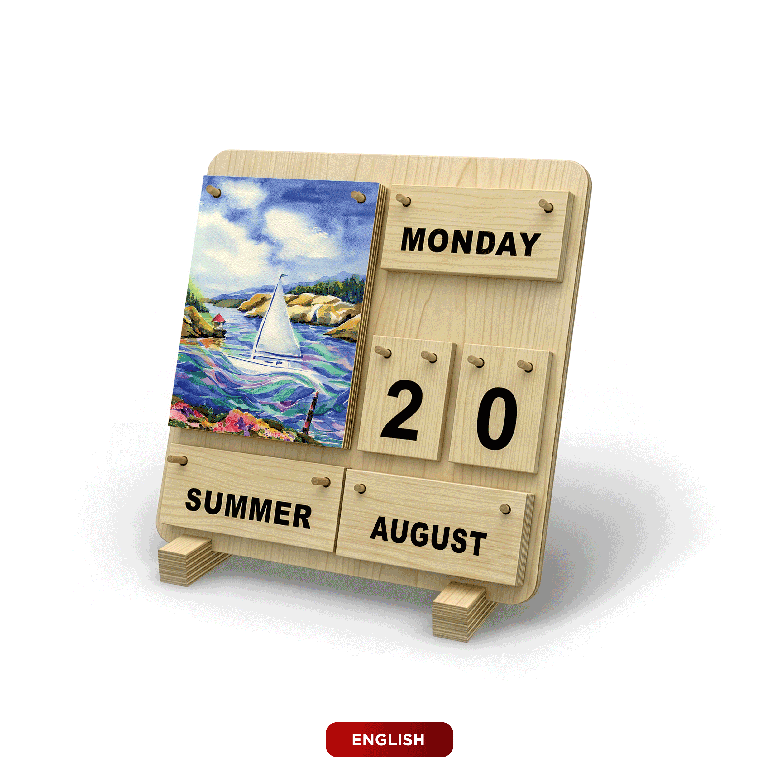 Englischer Four-Seasons-Dauerkalender aus Holz mit Jahreszeitenmotiven