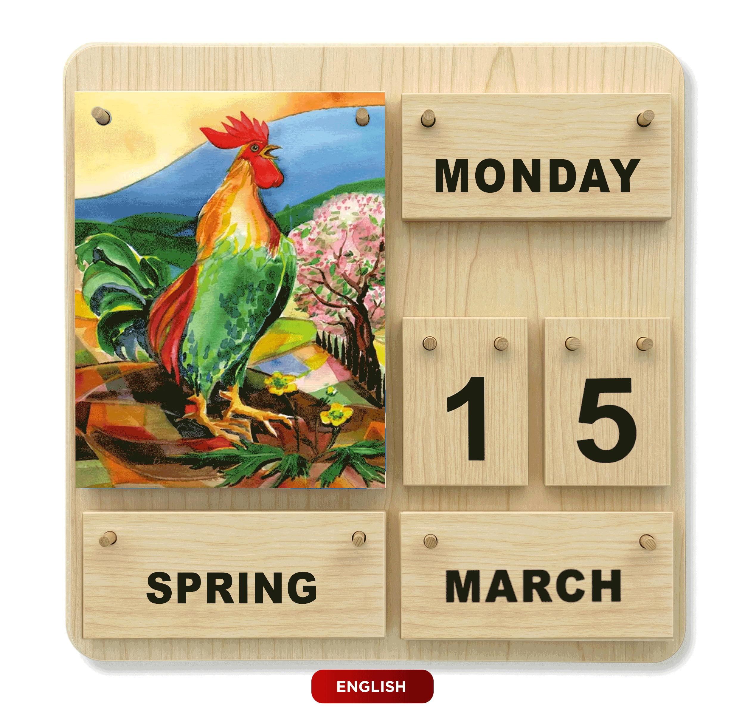 Englischer Four-Seasons-Dauerkalender aus Holz mit Jahreszeitenmotiven
