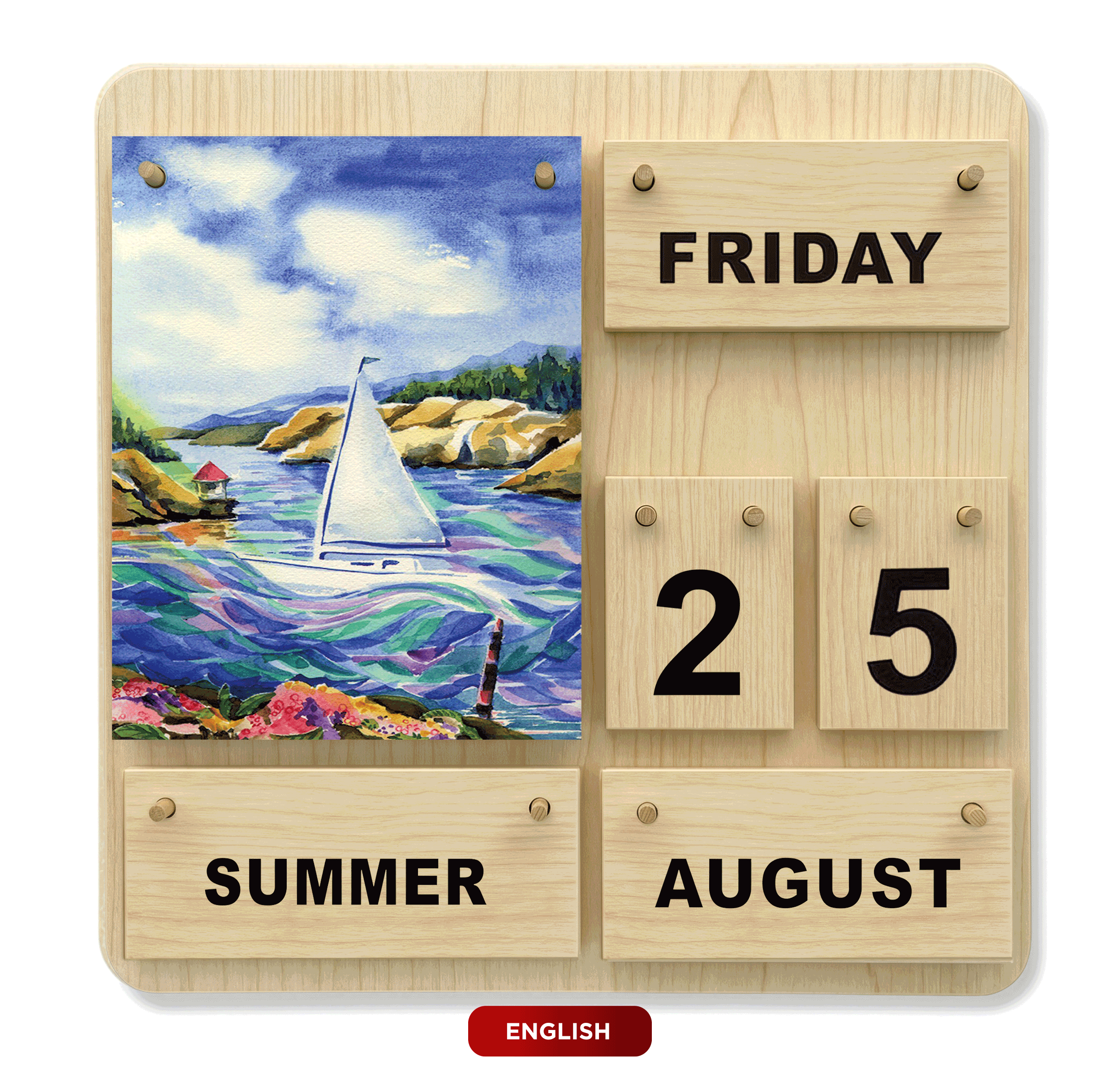 Englischer Four-Seasons-Dauerkalender aus Holz mit Jahreszeitenmotiven