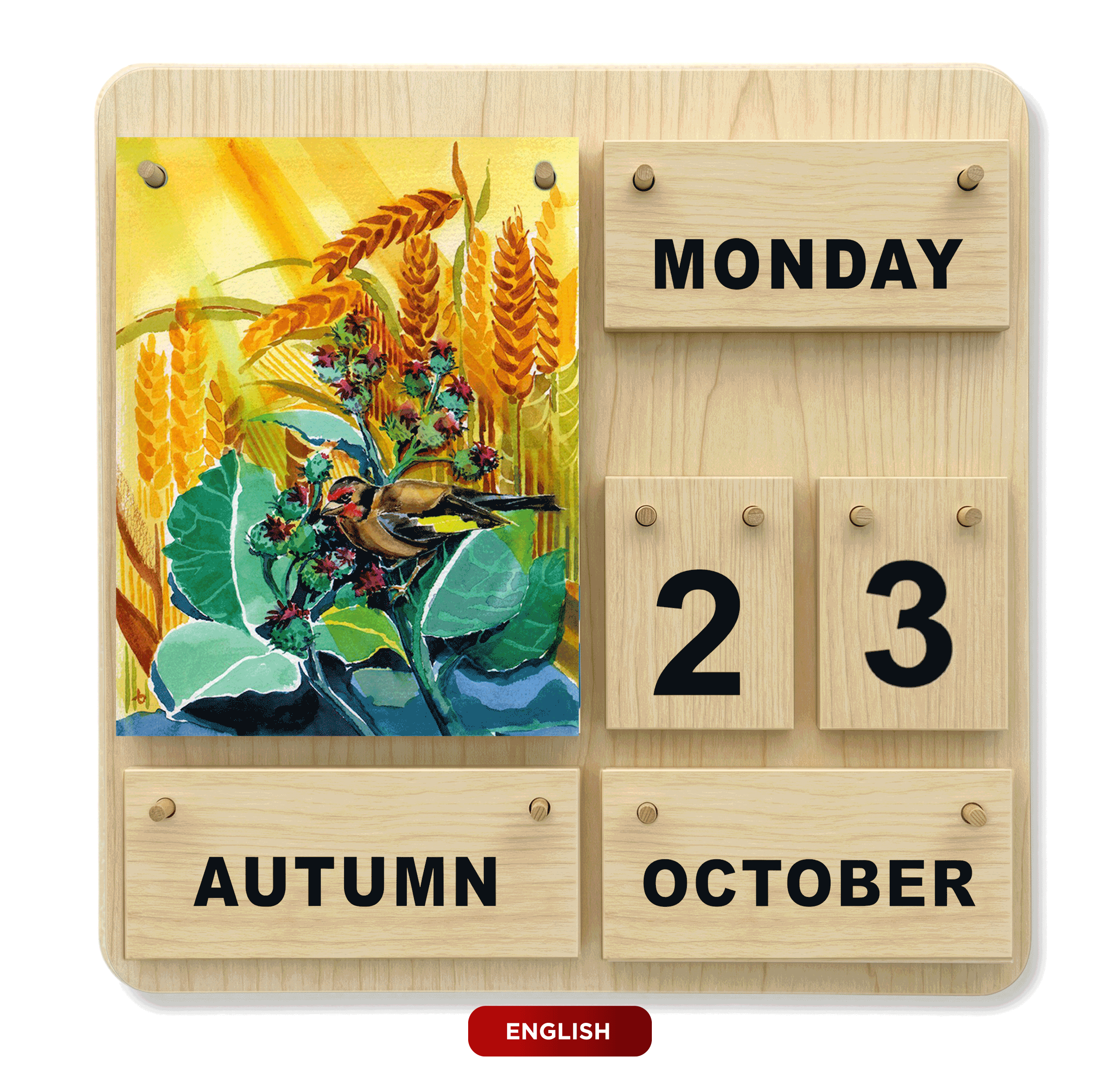 Englischer Four-Seasons-Dauerkalender aus Holz mit Jahreszeitenmotiven