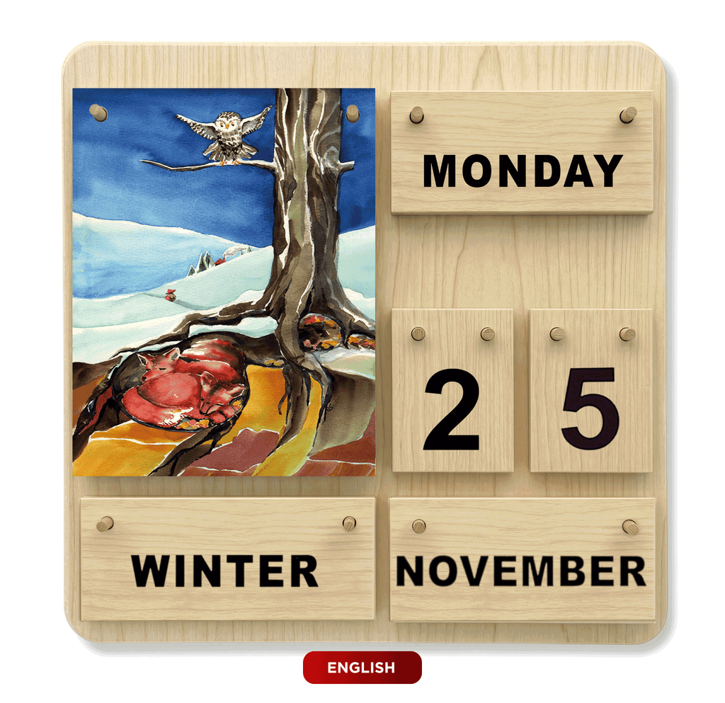 Englischer Four-Seasons-Dauerkalender aus Holz mit Jahreszeitenmotiven